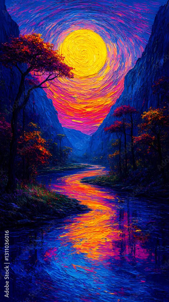 Fototapeta premium Neon Whispers: A Van Gogh-Inspired Landscape