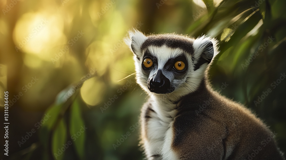 Obraz premium Close up of lemur with delicate whiskers and sharp eyes in forest setting