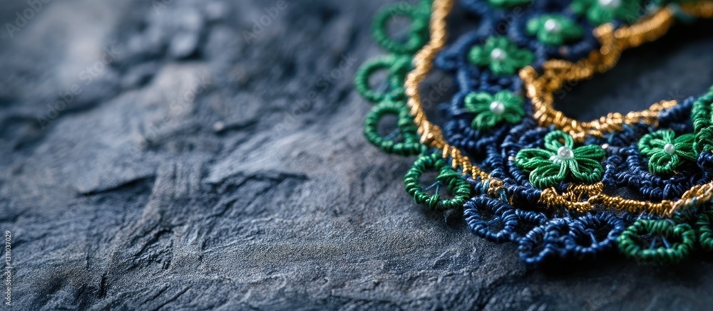 Obraz premium Colorful handmade tatting jewelry necklace with green and blue elements on textured dark stone background, ample copy space on right side.