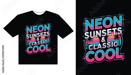 Neon Sunsets and Classic Cool T-Shirt – Retro 80s Vaporwave Aesthetic Beach Sunset Palm Trees Vintage Car Graphic Tee – Trendy Summer Party Streetwear Fashion Shirt