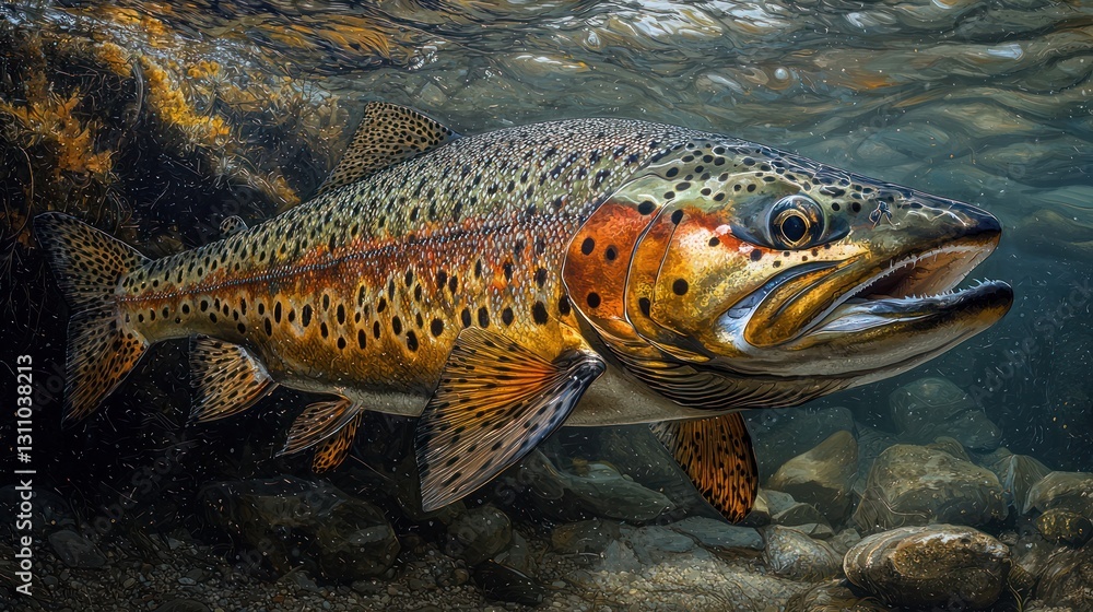 Fototapeta premium Vibrant Brown Trout Swimming Gracefully Underwater in a Stream