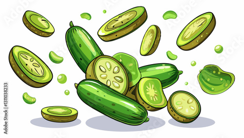 Isolated falling pickled cucumber slices captured on a clean white surface.