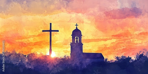 Wallpaper Mural Silhouette of Faith: A majestic church silhouette stands against a breathtaking backdrop of a cross, framed by a vibrant sunset, evoking a sense of peace and spiritual connection. Torontodigital.ca