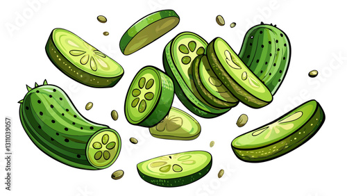 Isolated falling pickled cucumber slices captured on a clean white surface.