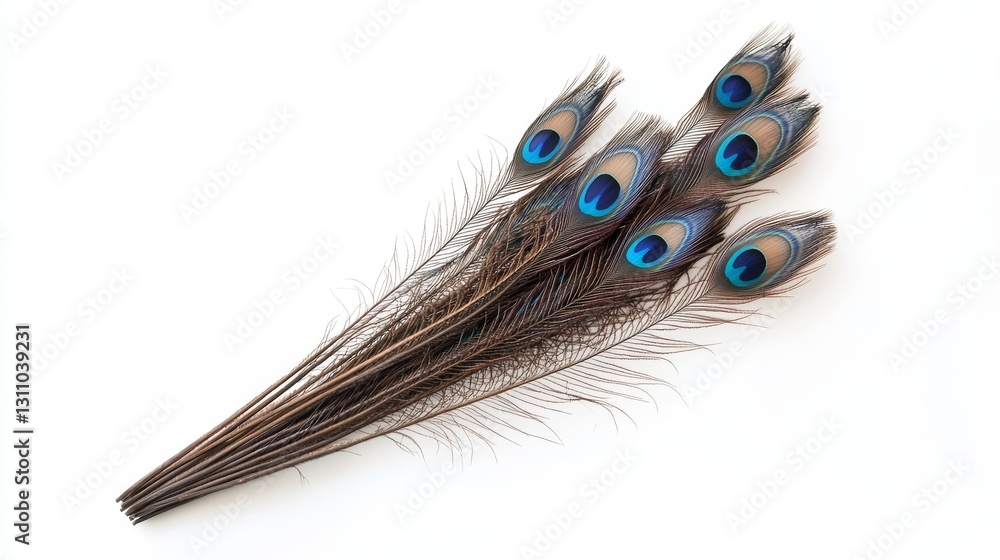 Obraz premium 08011203 125 125.Concept: Clothing and home decoration. Peacock feather on white background --ar 16:9 --v 6.1 Job ID: dfba1664-748e-4a17-b419-45fc35e6070d