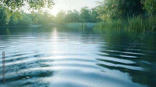 Serene lake view with gentle ripples and lush greenery under soft sunlight.