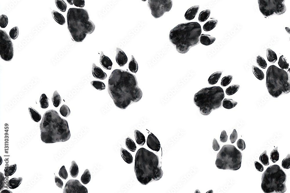 Fototapeta premium Black paw prints on white background; nature texture