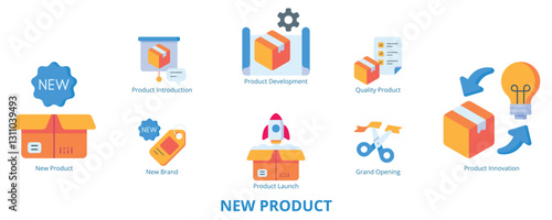 New Product Flat Banner Web Icon Set Vector Illustration, New Product Development Launch Introduction Brand Innovation Quality Grand Opening