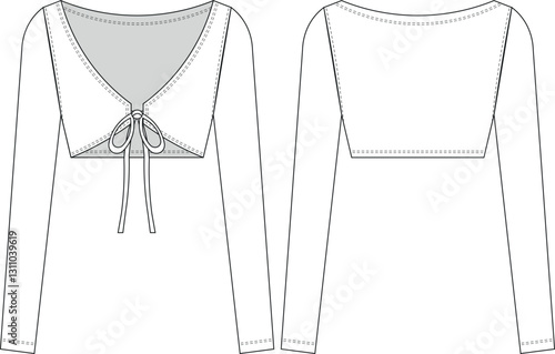 with drawstring v neck long sleeve cropped crop blouse top template technical drawing flat sketch cad mockup fashion woman design style model 
