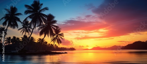 Serene sunset over a tropical island with vivid orange and purple hues, silhouetted coconut palms along the horizon reflecting on calm waters