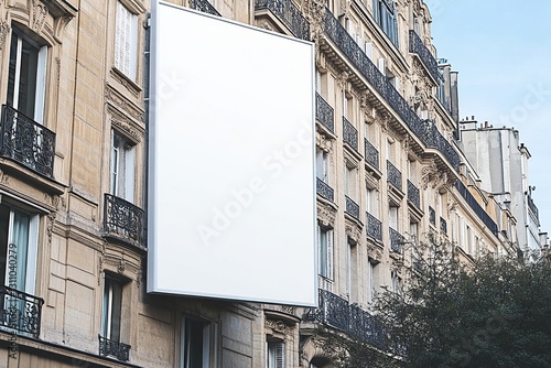 Blank billboard on building facade.