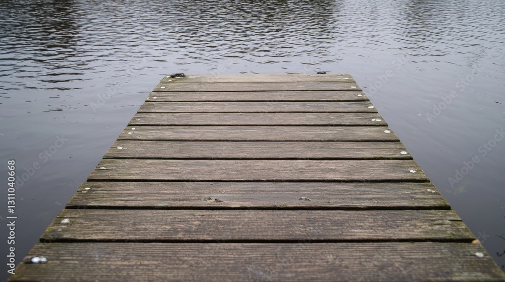 A wooden dock extends into a calm body of water. A wooden dock extends into a calm body of water.