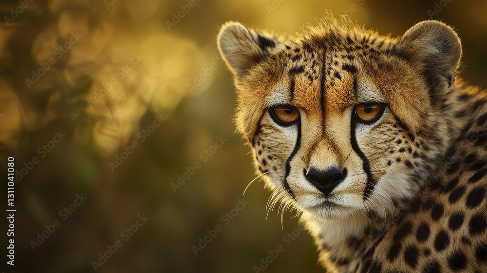 Obraz premium Close up of cheetah face with intense gaze in golden light