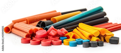 Collection of colorful thermoplastic elastomers in orange, red, yellow, black, and blue shapes and sizes displayed on a clean white background