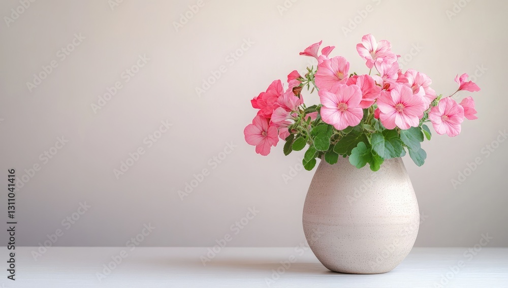 Pink Geraniums in Vase on Table Pink Geraniums in Vase on Table