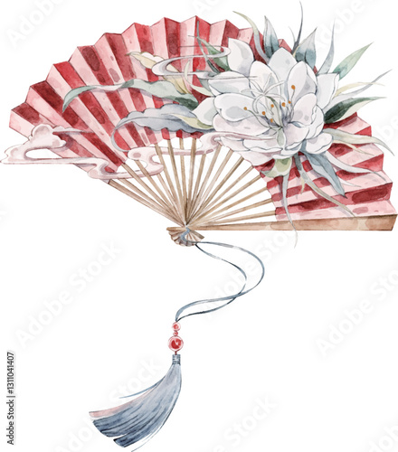 There are beautiful white flowers on the red folding fan
