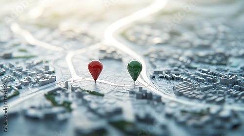 3D Topographic Map with Location Pins, A 3D topographic map featuring two red location pins on green islands surrounded by water