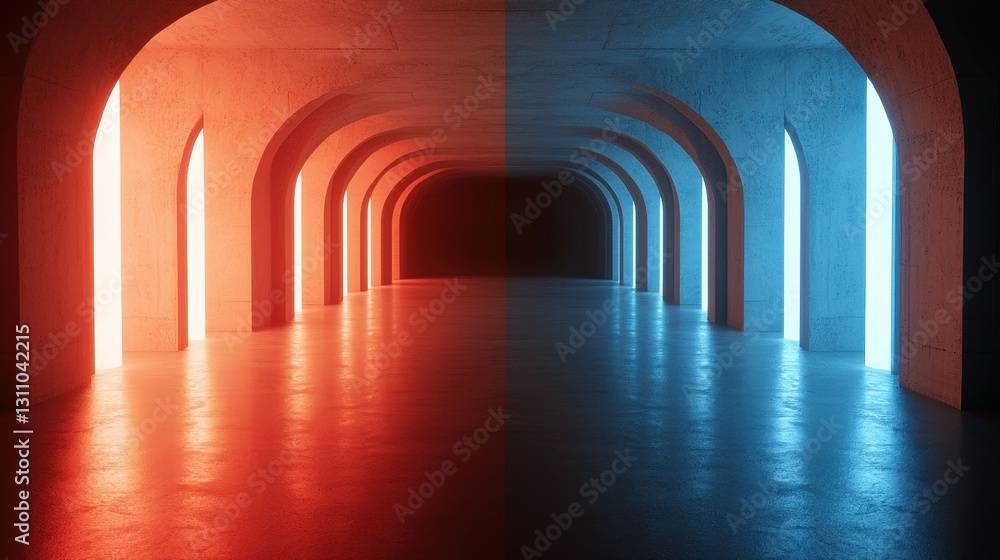 Obraz premium Futuristic Hallway with Colorful Neon Lights in Contrast