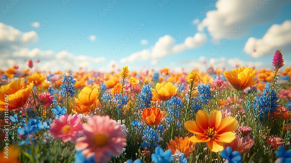 A serene meadow filled with wildflowers moving softly in the wind showcasing intricate petal details and bright colors against a clear sky A serene meadow filled with wildflowers moving softly in the wind showcasing intricate petal details and bright colors against a clear sky