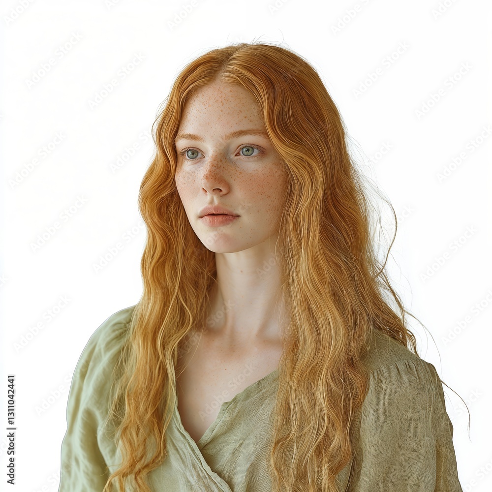 Person with pale ivory skin, long golden-blonde hair in a flowing green linen tunic, loose waves, freckles, matte finish, full view, isolated on white background - Generative AI Person with pale ivory skin, long golden-blonde hair in a flowing green linen tunic, loose waves, freckles, matte finish, full view, isolated on white background - Generative AI