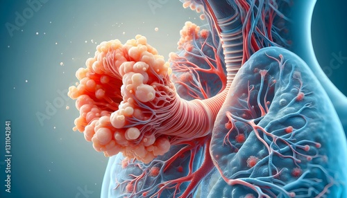 3D medical illustration of inflamed asthma airways, showing constricted bronchial tubes and mucus buildup, highlighting respiratory distress in a realistic anatomical style.