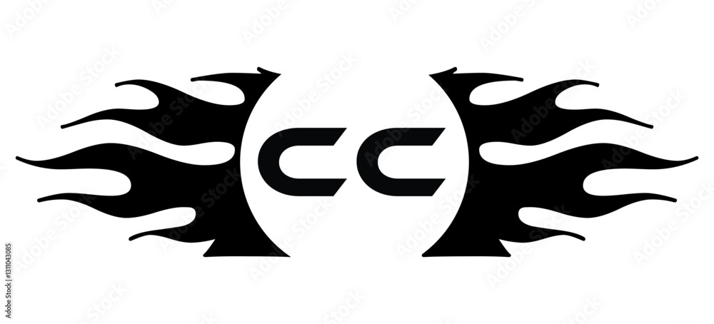 Naklejka premium Futuristic abstract Logo with Fiery Flame Motif and Geometric 'CC' Emblem, Black and White Artwork