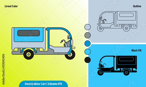 Electric Food Truck Cargo tricycle. Electric Motor Cart. Three wheeler bike cargo vehicle for food and vegetable seller. Side view icon vector illustration set. Lineal color, outline, and black fill.