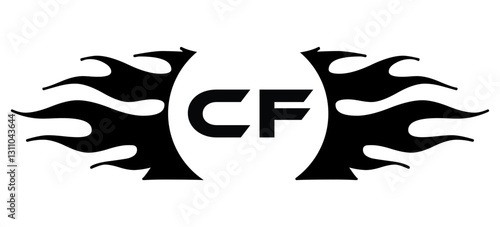 Futuristic abstract Logo with Fiery Flame Motif and Geometric 'CF' Emblem, Black and White Artwork