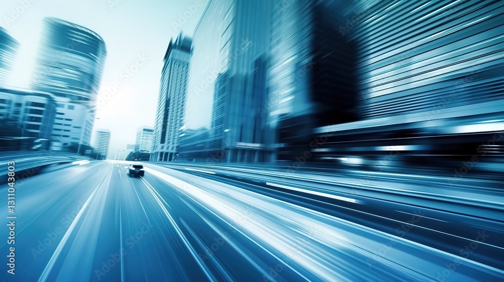 Blue-tinted technological background, a high-speed car driving on the highway with buildings in the cityscape, motion blur and light streaks. motion-blurred cars. Blue-tinted technological background, a high-speed car driving on the highway with buildings in the cityscape, motion blur and light streaks. motion-blurred cars.