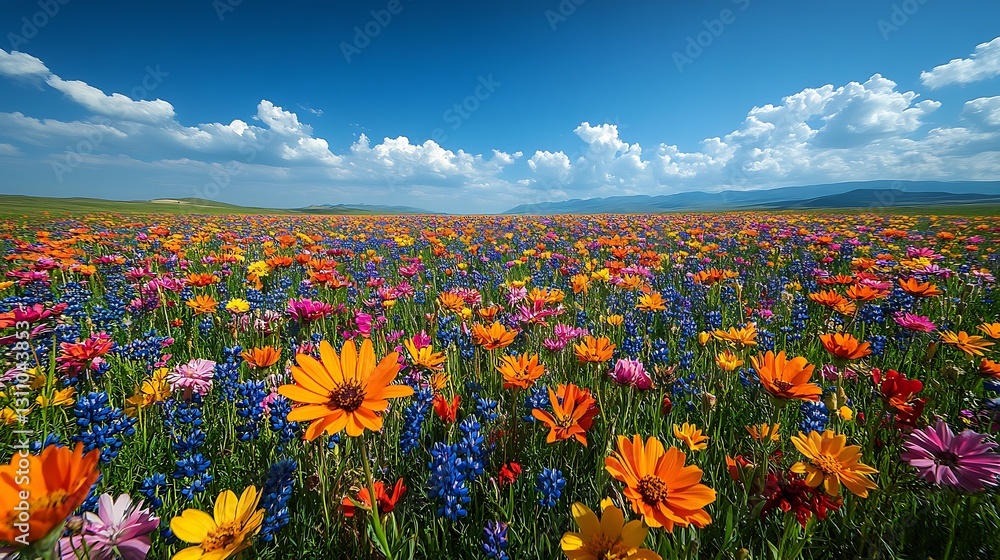 Fototapeta premium A breeze flows through a meadow of wildflowers revealing delicate petals and vibrant colors under a cloudless sky