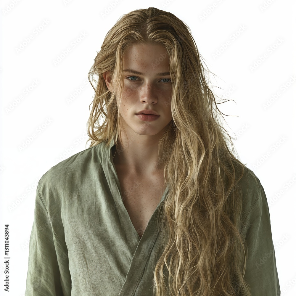 Person with pale ivory skin, long golden-blonde hair in a flowing green linen tunic, loose waves, freckles, matte finish, full view, isolated on white background - Generative AI Person with pale ivory skin, long golden-blonde hair in a flowing green linen tunic, loose waves, freckles, matte finish, full view, isolated on white background - Generative AI