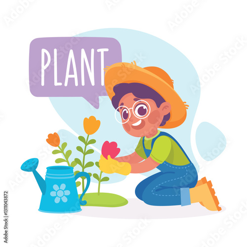 Boy Plant Flower as Verb Study with Little Kid Demonstrating Activity Vocabulary Vector Illustration