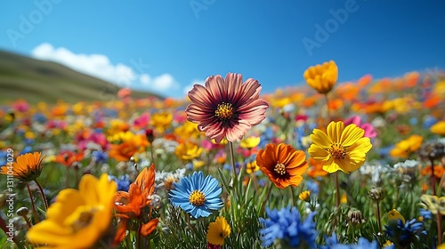 A meadow of colorful wildflowers sways softly in the wind showing the delicate textures of petals against a cloudless sky