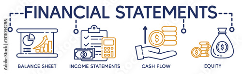 Financial statement banner web icon for business organization, profit, loss, income statement, balance sheet, cash flow and equity. Minimal vector cartoon infographic.