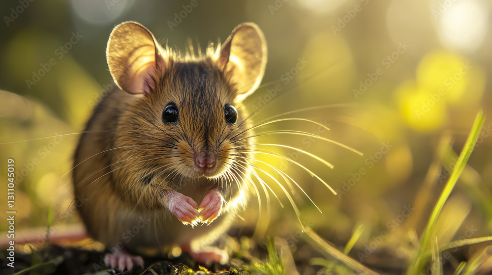 close up of mouse with delicate whiskers in sunlit setting