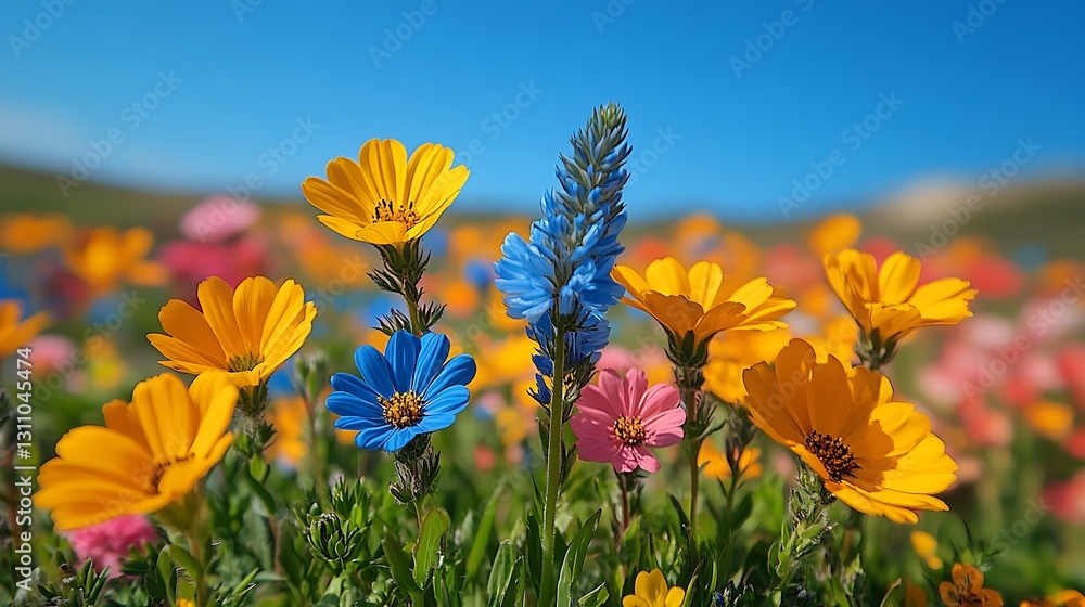 Obraz premium Delicate wildflowers sway softly in the breeze beneath an expansive clear sky showing their fine petal textures