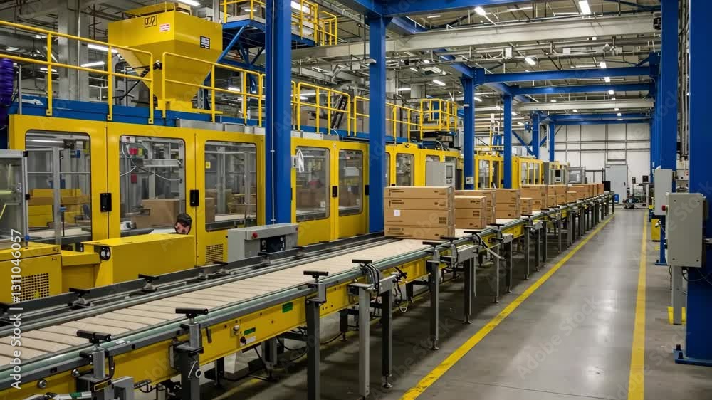Advanced conveyor belt system in a high-tech factory warehouse for automated product packaging and logistics Advanced conveyor belt system in a high-tech factory warehouse for automated product packaging and logistics