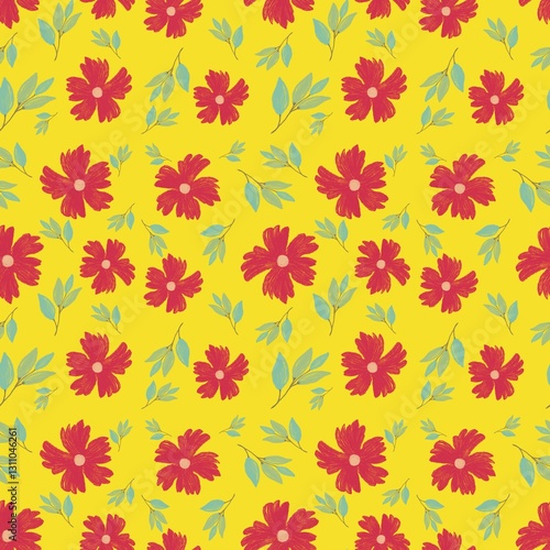 Red flowers on yellow background. Seamless pattern.