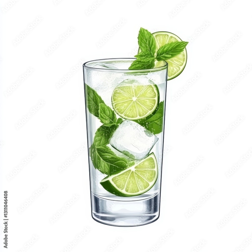Refreshing Mojito Cocktail with Mint Leaves, Lime Slices, and Ice Cubes in Sticker Style on White Background - Photorealistic Illustration of Fresh Tropical Drink Refreshing Mojito Cocktail with Mint Leaves, Lime Slices, and Ice Cubes in Sticker Style on White Background - Photorealistic Illustration of Fresh Tropical Drink