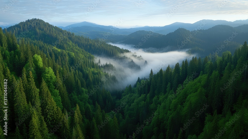 Fototapeta premium A mesmerizing aerial view of a forested mountain range with a foggy morning mist.