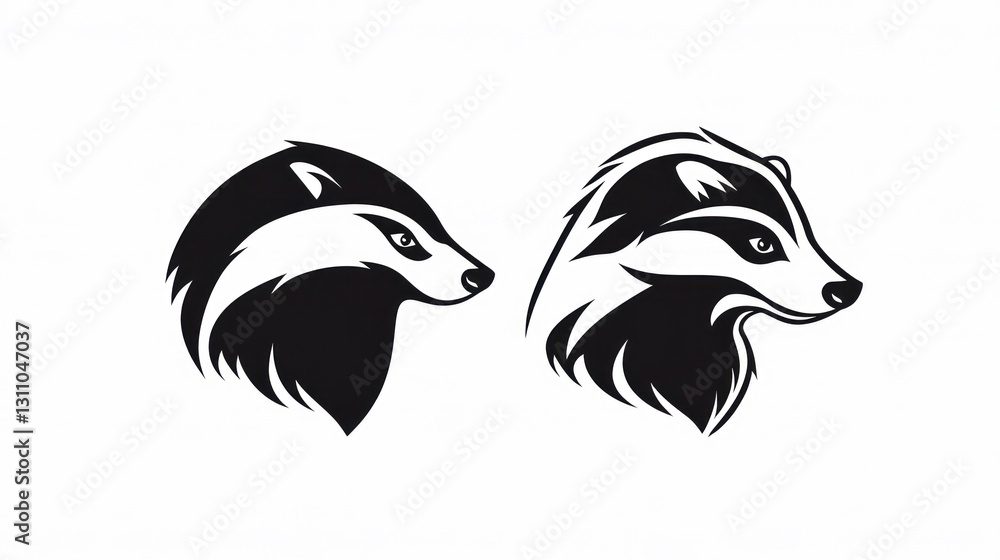 Obraz premium Two badger head illustrations, profile view, white background, logo design