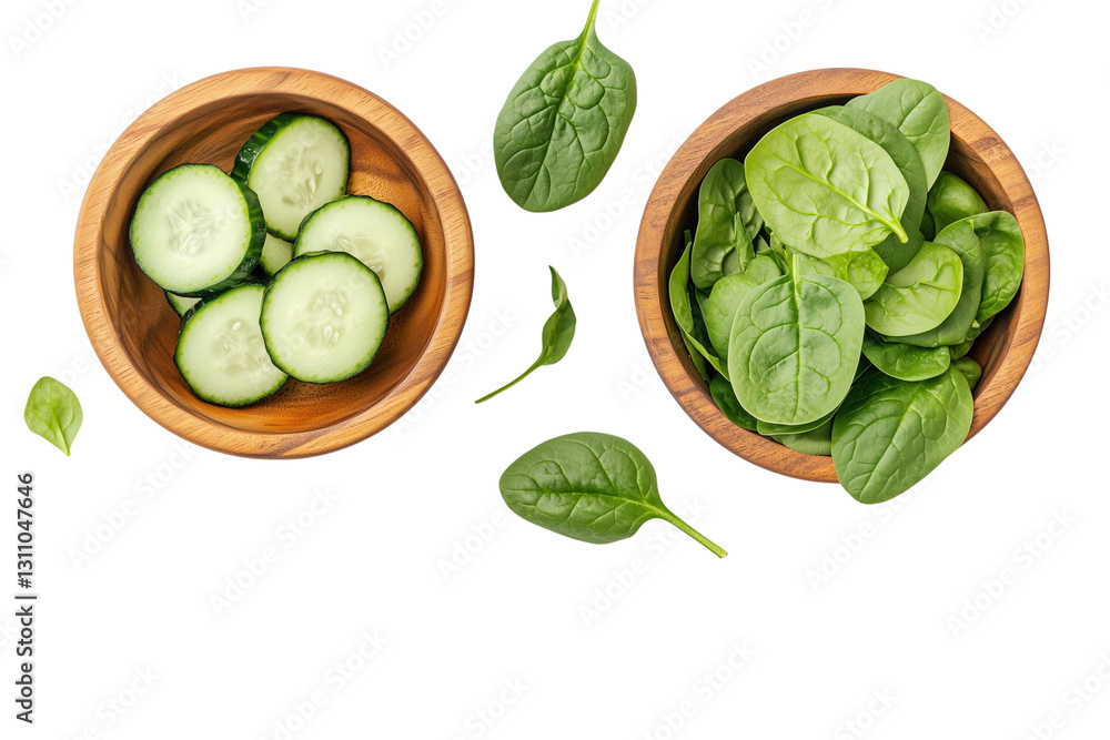 Obraz premium Cucumber and spinach in wooden bowls, isolated on Transparent PNG format Background.