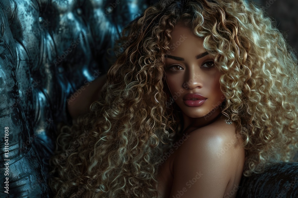Fototapeta premium Glamorous full figured dark skinned female model with curly blonde hair.