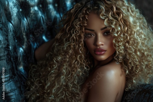 Glamorous full figured dark skinned female model with curly blonde hair.