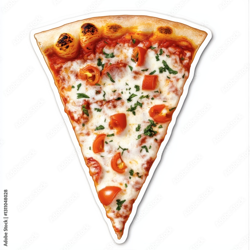 Deliciously Cheesy Pizza Slice with Golden Crispy Crust and Stretchy Melted Cheese on a Sticker Style Design on White Background - Photorealistic Food Photography Deliciously Cheesy Pizza Slice with Golden Crispy Crust and Stretchy Melted Cheese on a Sticker Style Design on White Background - Photorealistic Food Photography