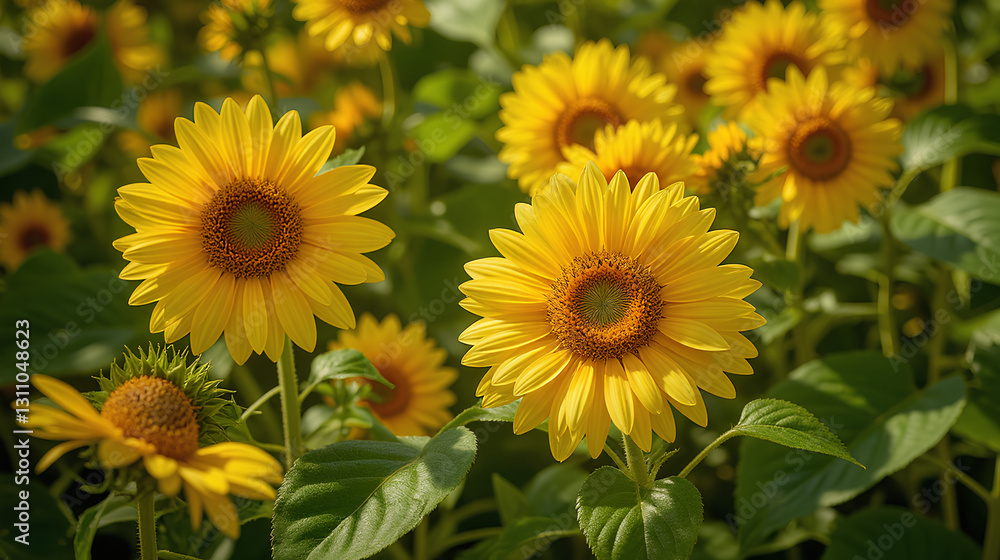 Blooming Sunflowers in a Garden Under Soft Sunlight Symbolizing Warmth and Happiness - International Day of Happiness Blooming Sunflowers in a Garden Under Soft Sunlight Symbolizing Warmth and Happiness - International Day of Happiness