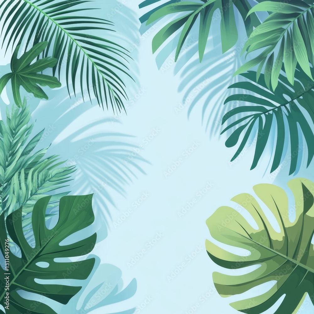 Tropical Leaves Frame on Light Sky Background Tropical Leaves Frame on Light Sky Background