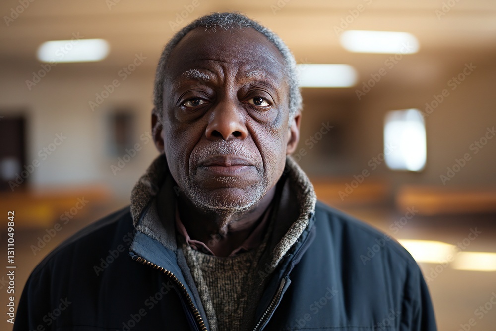 Black senior man participating in mental health counseling at community center looking at camera Black senior man participating in mental health counseling at community center looking at camera