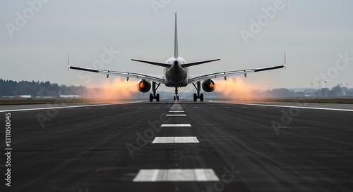 A commercial airplane takes off from the runway, engines producing thrust with visible heat waves.