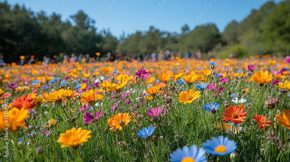 A bright meadow of wildflowers sways softly in the breeze showcasing vivid hues and intricate petal details under a clear sky A bright meadow of wildflowers sways softly in the breeze showcasing vivid hues and intricate petal details under a clear sky